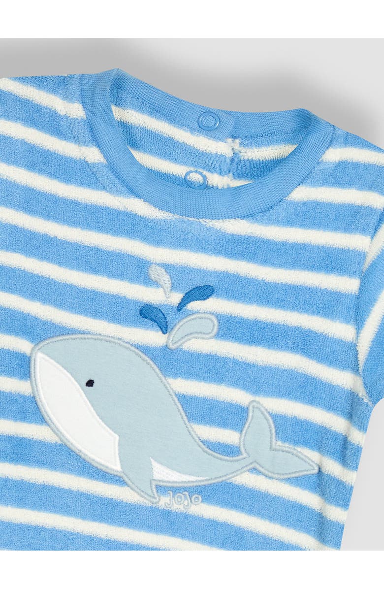 JOJO MAMAN BEBE Whale Appliqué Stripe Terry Cloth Romper & Hat Set, Alternate, color, Blue