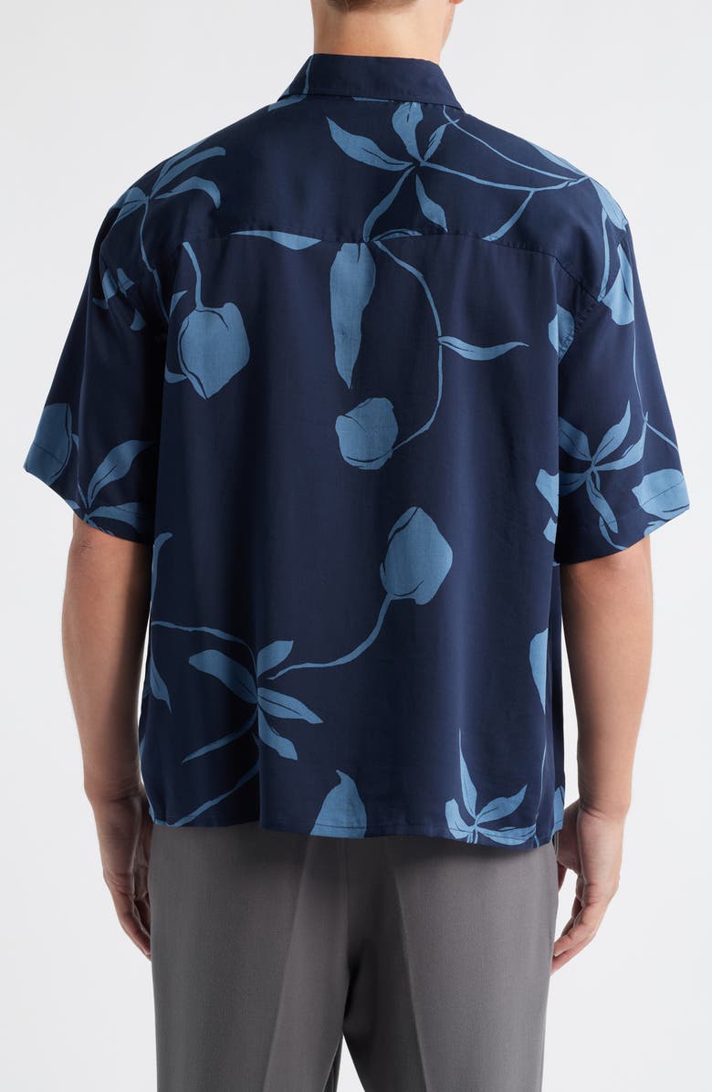 Open Edit Floral Short Sleeve Cotton Button-Up Shirt, Alternate, color, Navy- Blue Leafy Modern