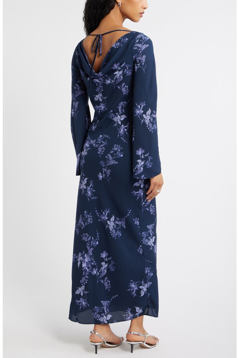 Print Long Sleeve Drape Back Dress, Alternate, color, NAVY-BLUE GARDEN TRAILS