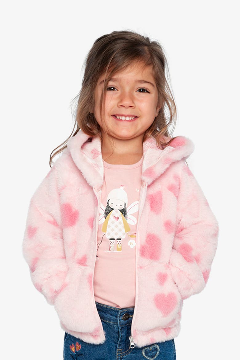 Hooded Full Zip Heart Jacquard Kangaroo Pocket Faux Fur Jacket, Alternate, color, Pink Printed with Hearts