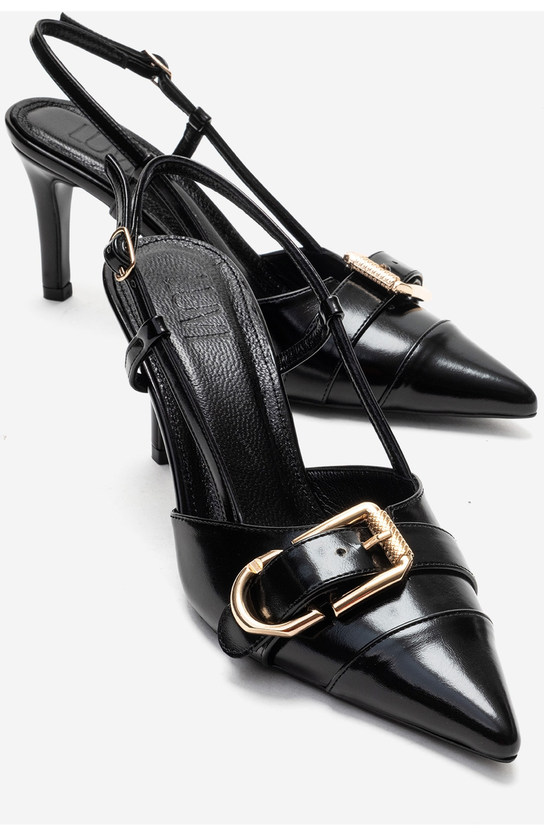 Prologue Shoes Noen Buckle Pointed Toe Stiletto Pump, Alternate, color, Black