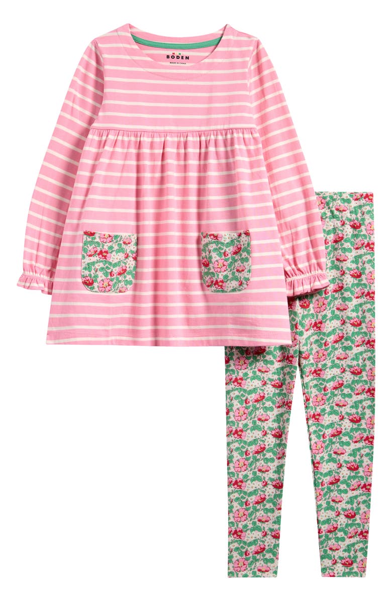Mini Boden Kids' Stripe Cotton Tunic Top & Floral Leggings Set, Main, color, 