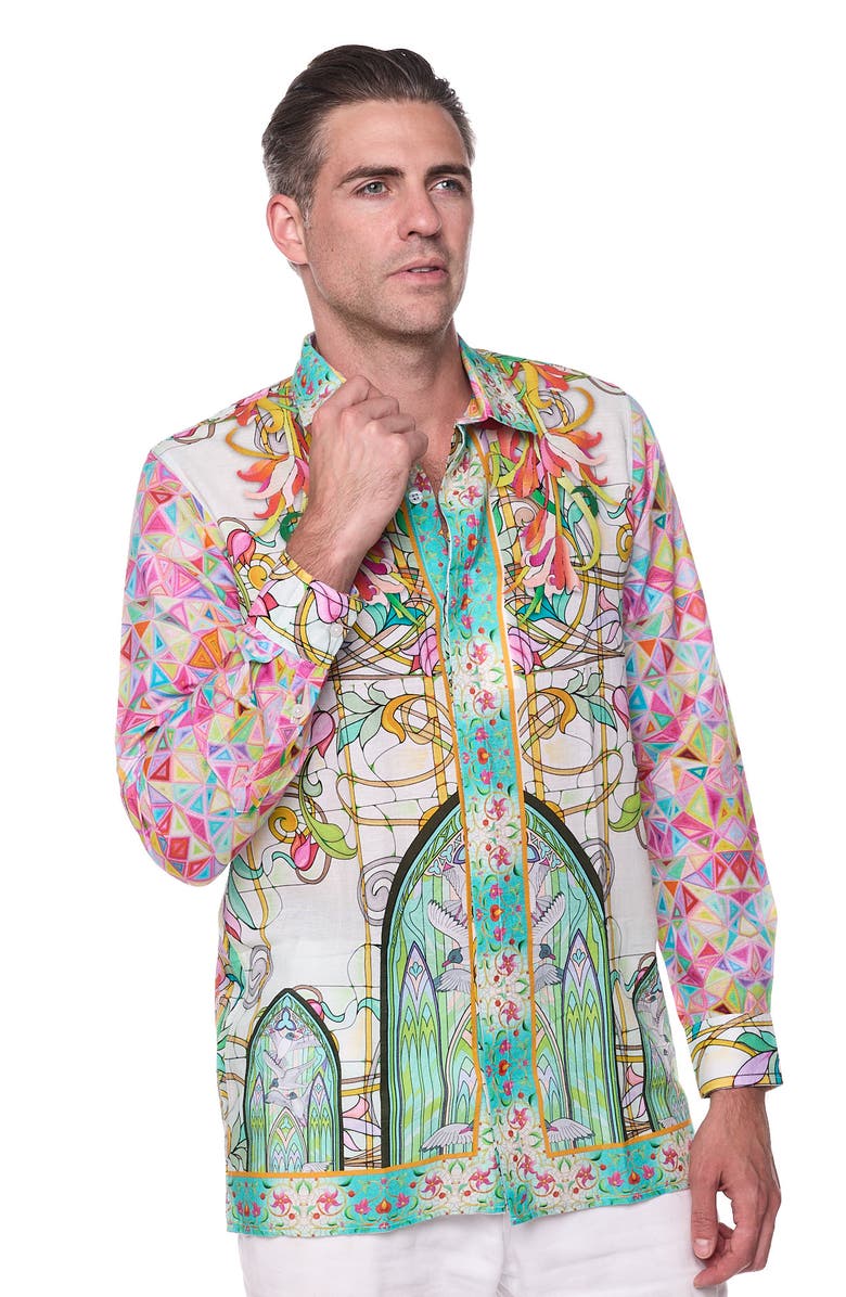 RANEES Stained Glass Print Linen & Cotton Blend Button-Up Shirt, Alternate, color,