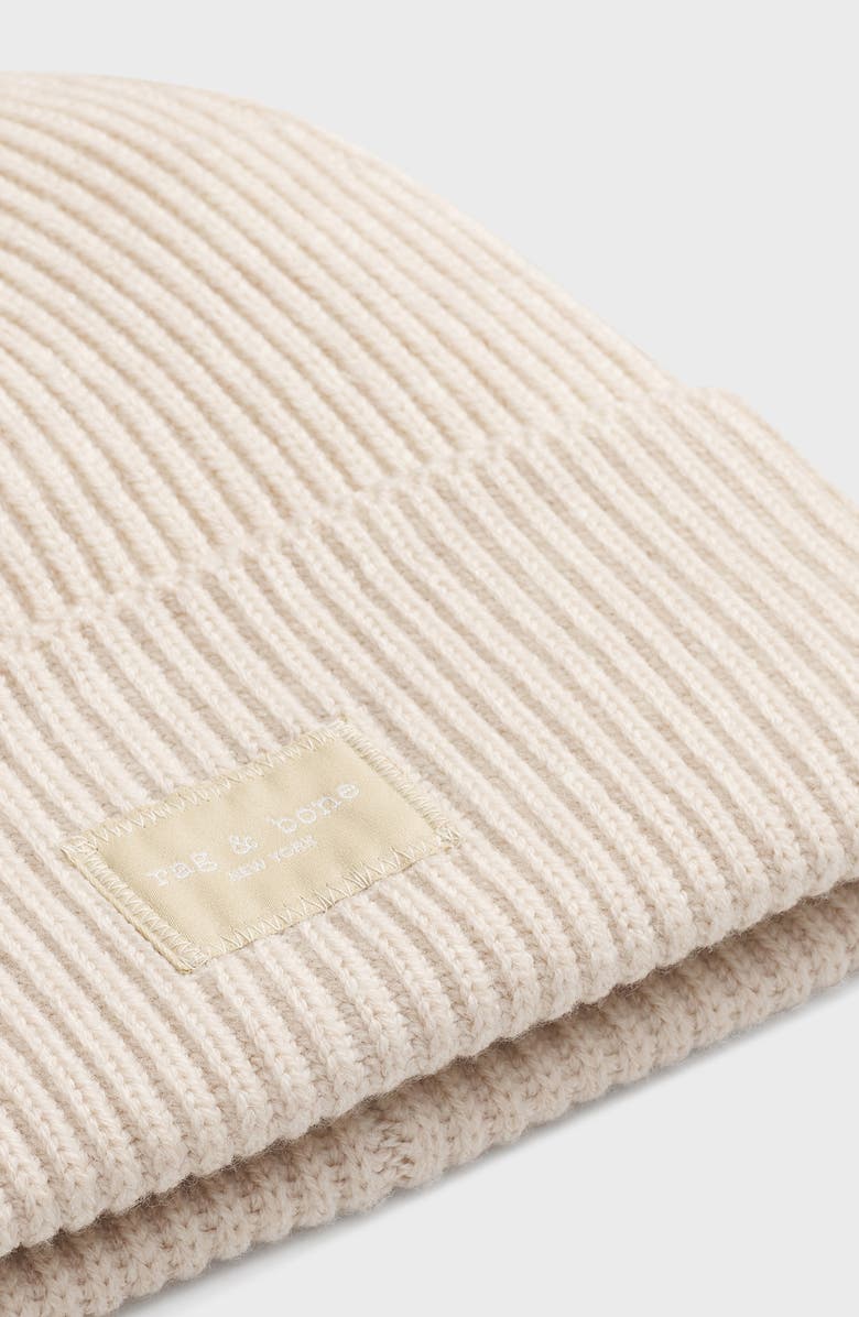 rag & bone Blake Logo Patch Wool Blend Rib Beanie, Alternate, color, Ivory