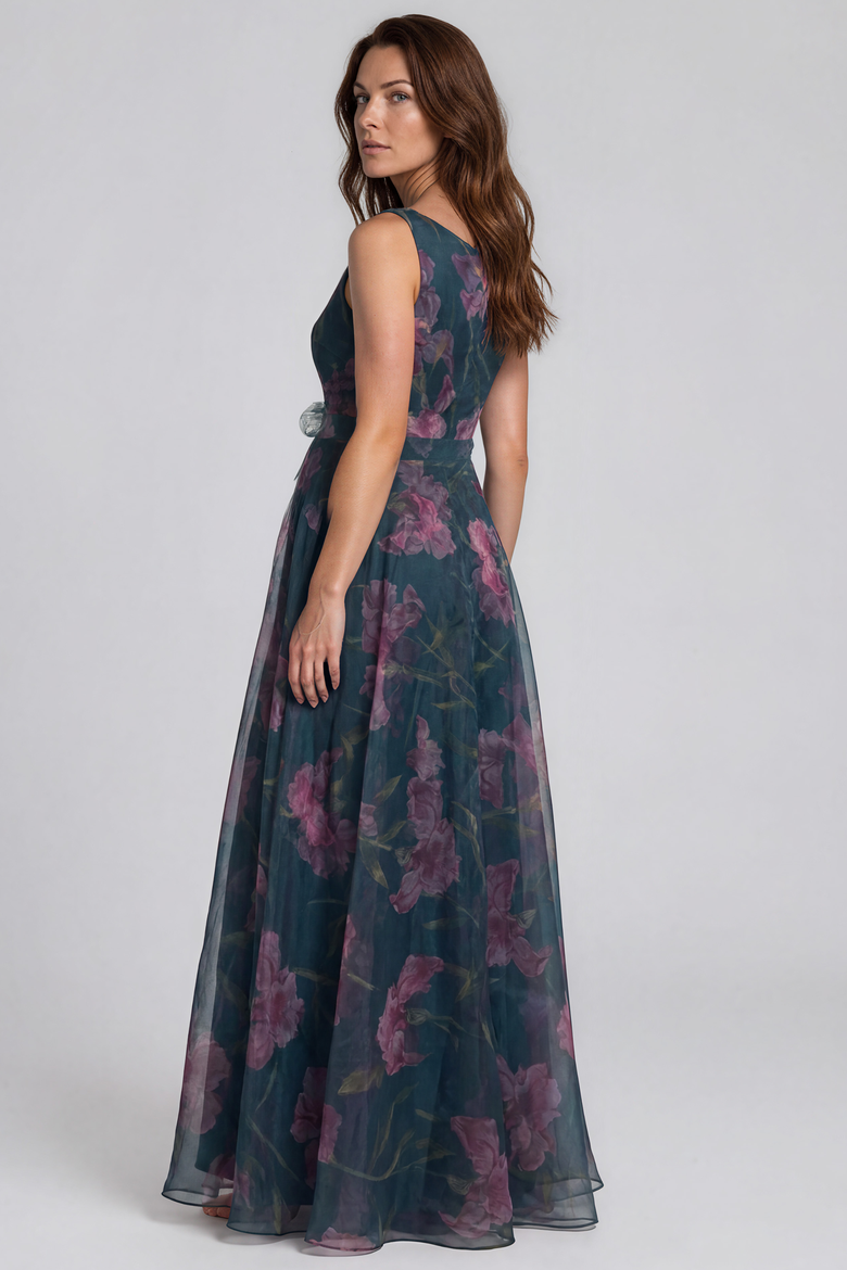 V-Neck Floral Printed Organza Waist Tie A-Line Gown, Alternate, color, Multi