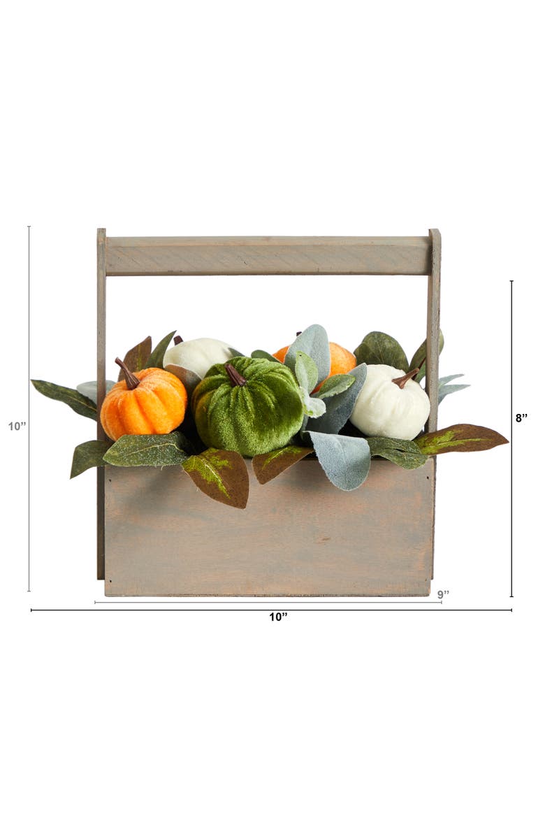 10-in Fall Pumpkin Artificial Autumn Arrangement in Wood Basket, Alternate, color, Multicolor