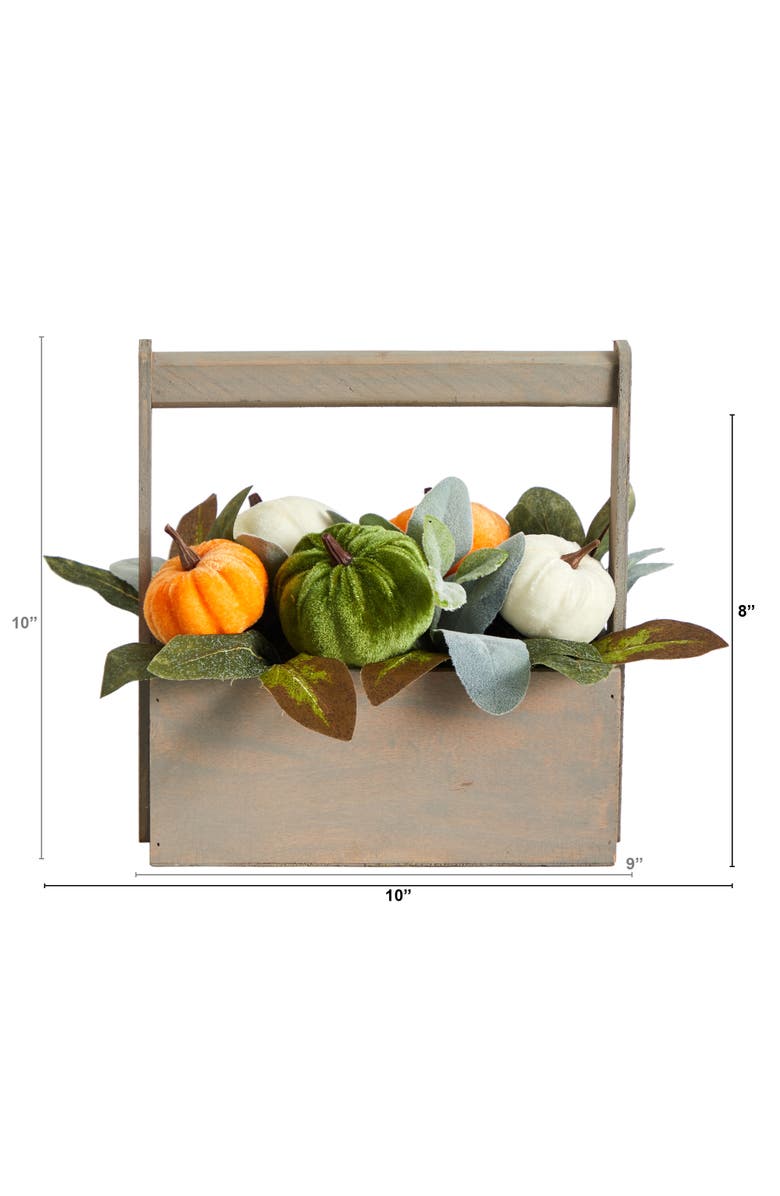 NEARLY NATURAL 10-in Fall Pumpkin Artificial Autumn Arrangement in Wood Basket, Alternate, color, Multicolor