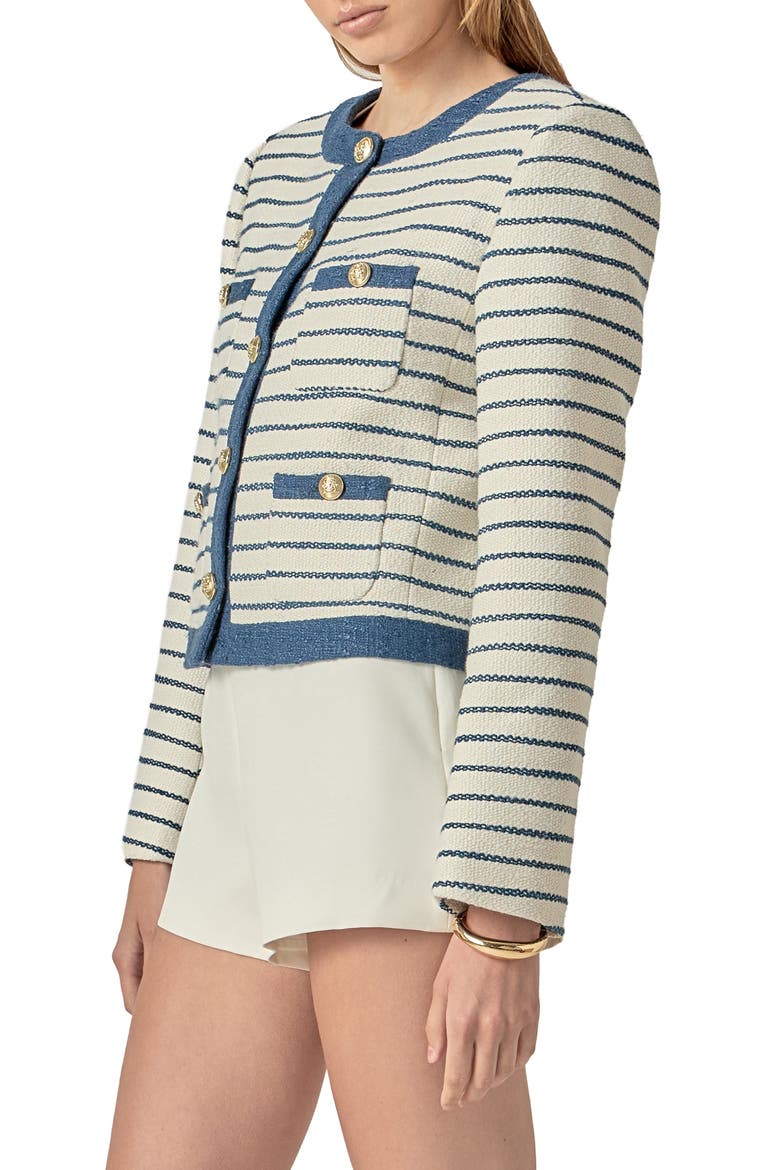 Crop Bouclé Jacket, Alternate, color, WHITE/ BLUE STRIPE