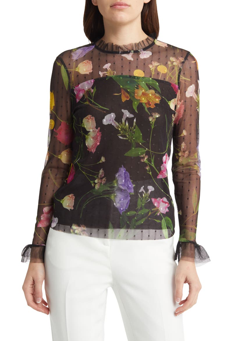 Rosslee Floral Mesh Top, Main, color, BLACK