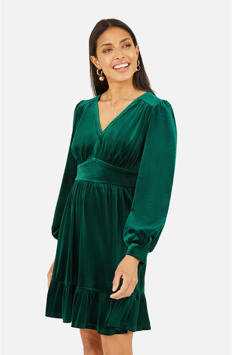 Yumi Velvet Long Sleeve Skater Dress, Alternate, color, Green