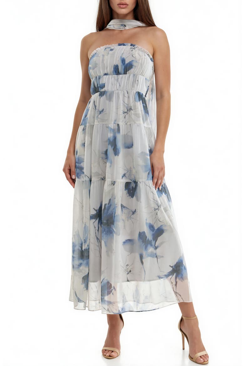 Floral Print Chiffon Maxi Dress, Main, color, IVORY/ BLUE