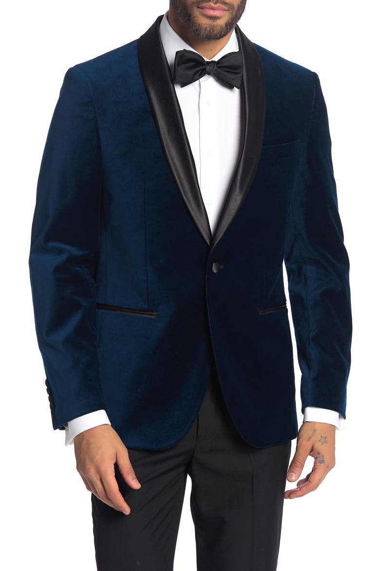 Navy Shawl Collar Single Button Velvet Suit Separate Sport Coat, Main, color, NAVY