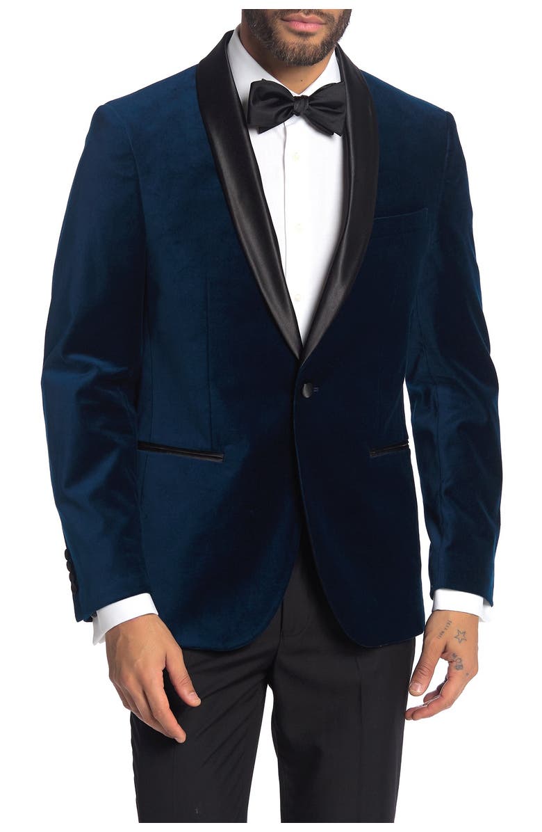 SAVILE ROW CO Navy Shawl Collar Single Button Velvet Suit Separate Sport Coat, Main, color, Navy