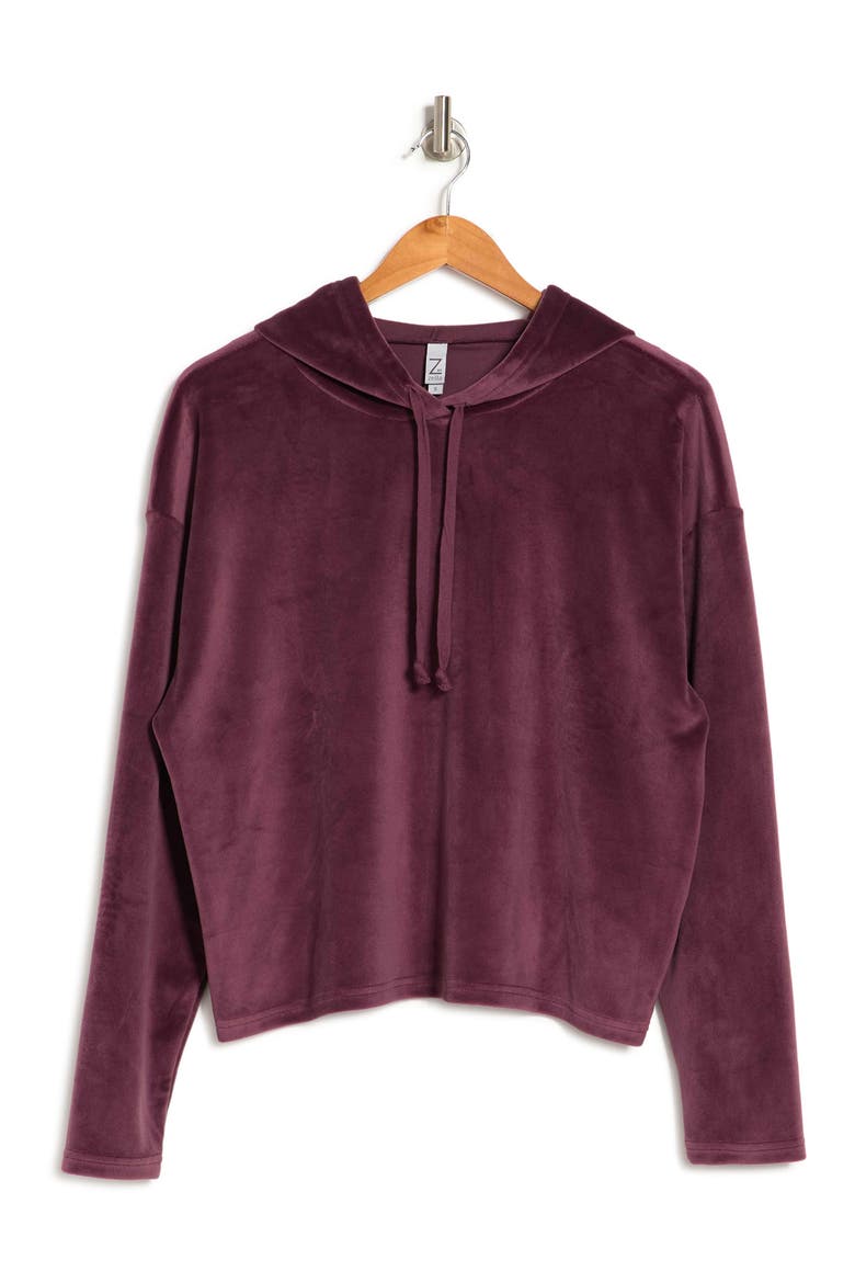 Velour Pullover Crop Hoodie, Alternate, color, PURPLE NECTAR