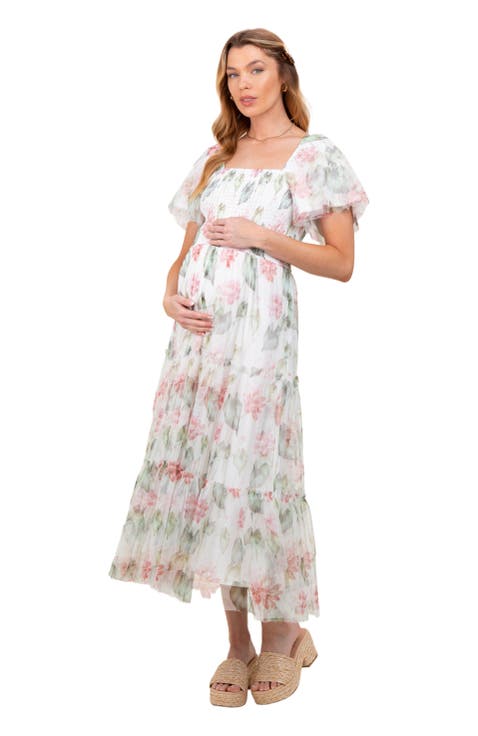 Floral Mesh Smocked Midi Dress