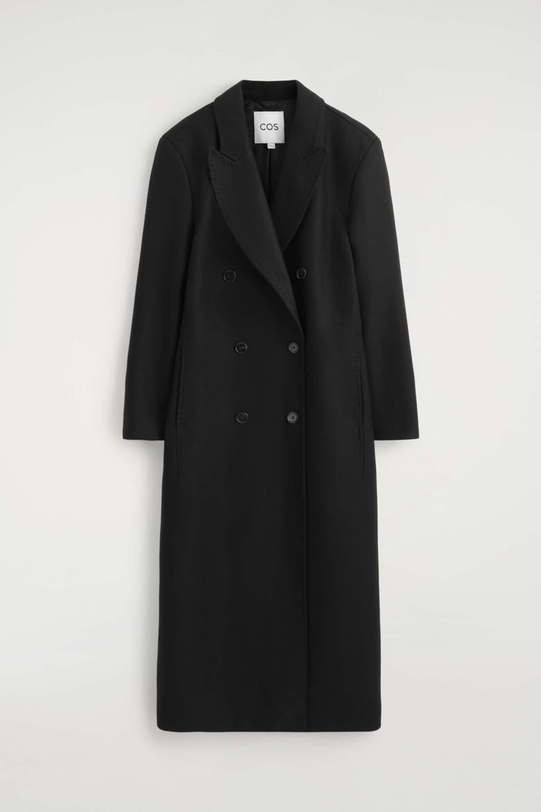 Tailored Wool-Blend Double-Breasted Coat, Alternate, color, BLACK