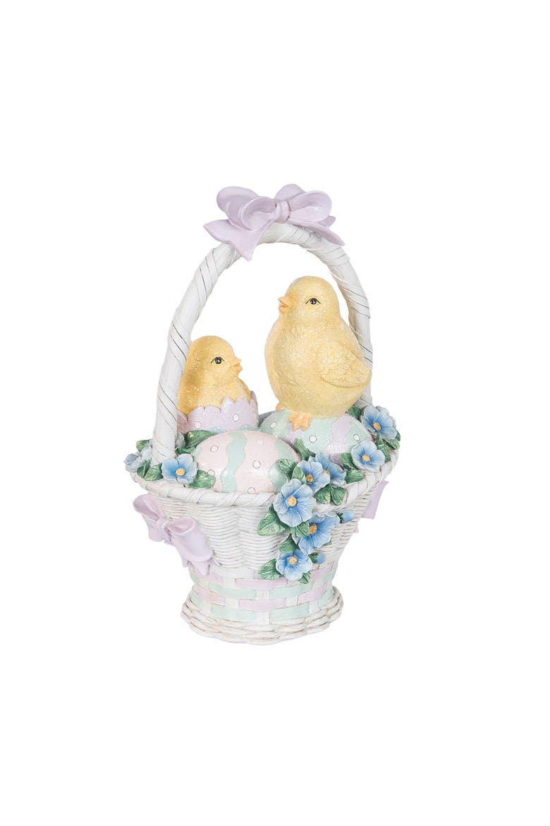 Vintage Easter Chicks on Egg Basket Large Decorative Figurine 13.4", Main, color, Yellow