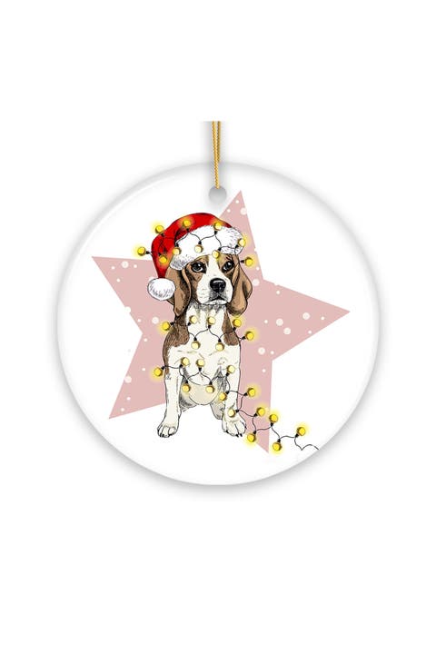 Santa Hat Beagle With String Lights Ornament