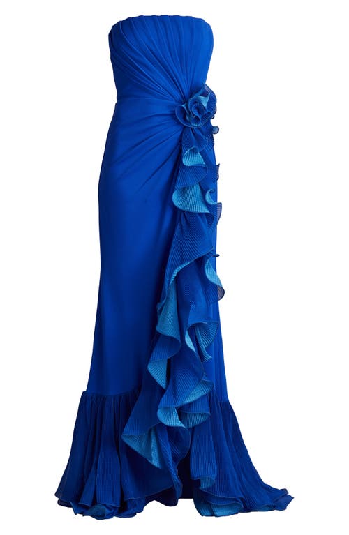 Shop Tadashi Shoji Ruffle Detail Strapless Gown In Mystic Blue