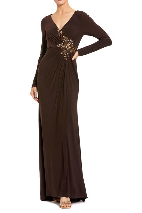 Faux Wrap Long Sleeve Appliqué Detail Gown