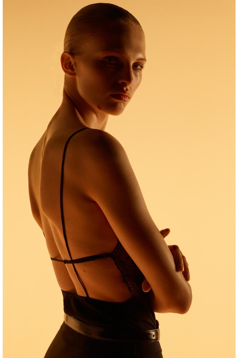 x Kaia Gerber Lace Combo Bodysuit, Alternate, color, BLACK