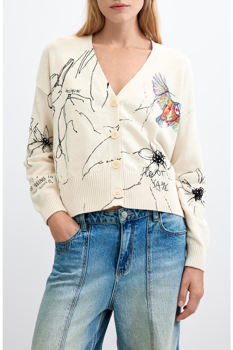 Bird Graphic Cotton Blend Cardigan, Main, color, OFF WHITE