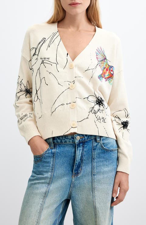 Bird Graphic Cotton Blend Cardigan