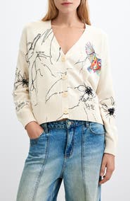 Desigual Bird Graphic Cotton Blend Cardigan