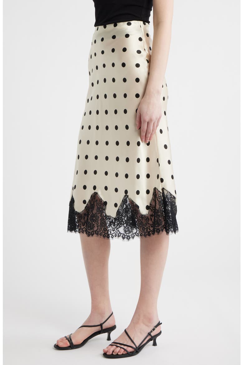 Carolina Lace Trim Silk Midi Skirt, Alternate, color, SUNDAE DOT