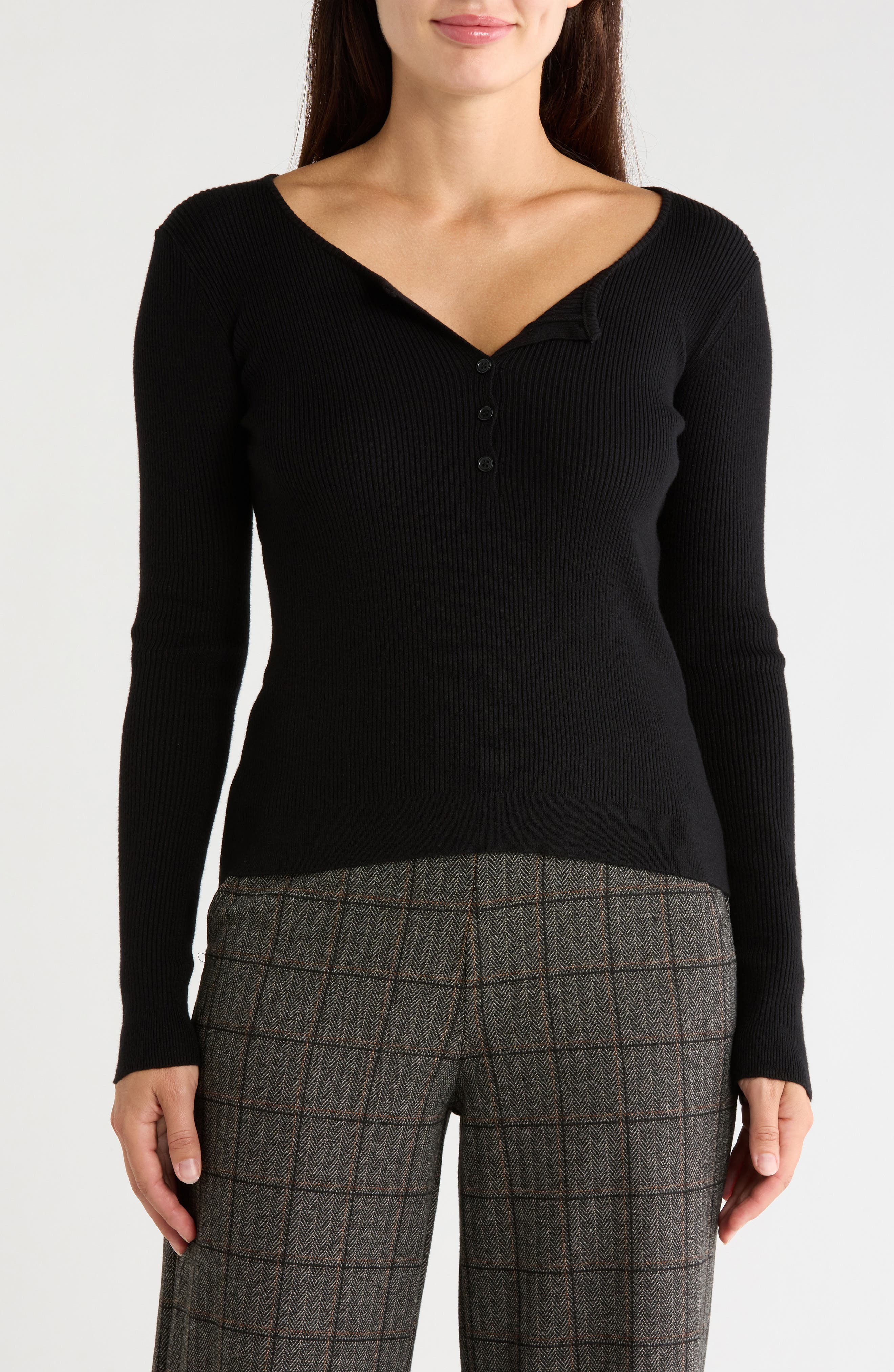 Ribbed Crop Henley Sweater