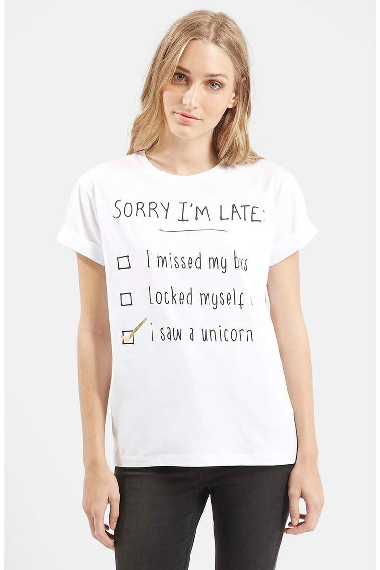 'Sorry I'm Late' Short Sleeve Tee, Main, color, WHITE
