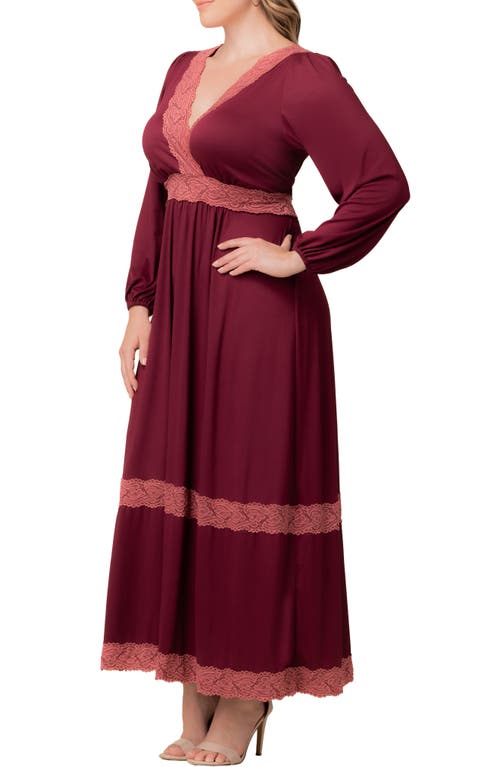 Kiyonna Lara Lace Trim Long Sleeve Maxi Dress In Burgundy