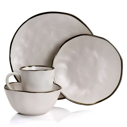 Elama Modern 16pc Stoneware Dinnerware Set In Matte White With Gold-tone Rim