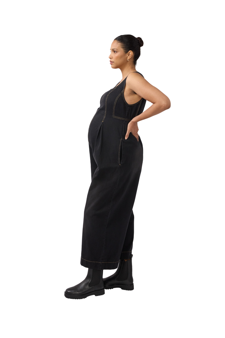 Zip Front Drapey Denim Maternity Jumpsuit, Alternate, color, Black Wash
