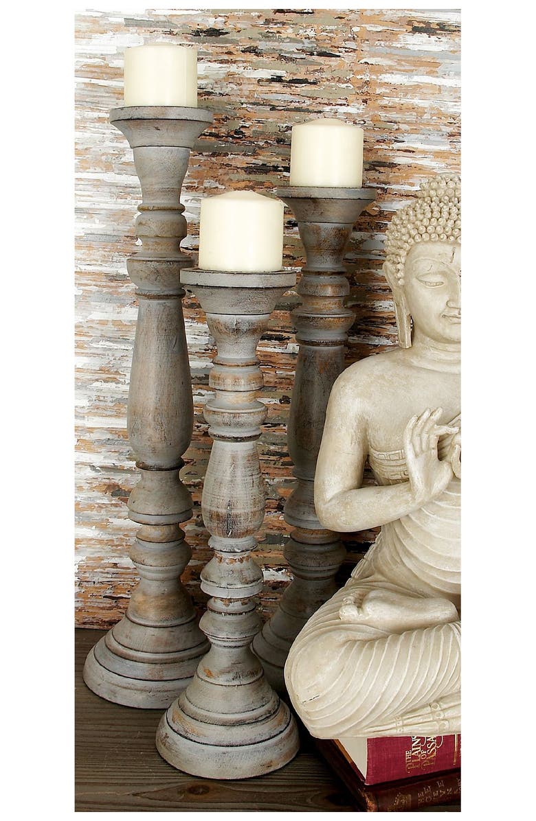 UMA Walnut Traditional Wooden Pillar Candle Holders - Set of 3 ...