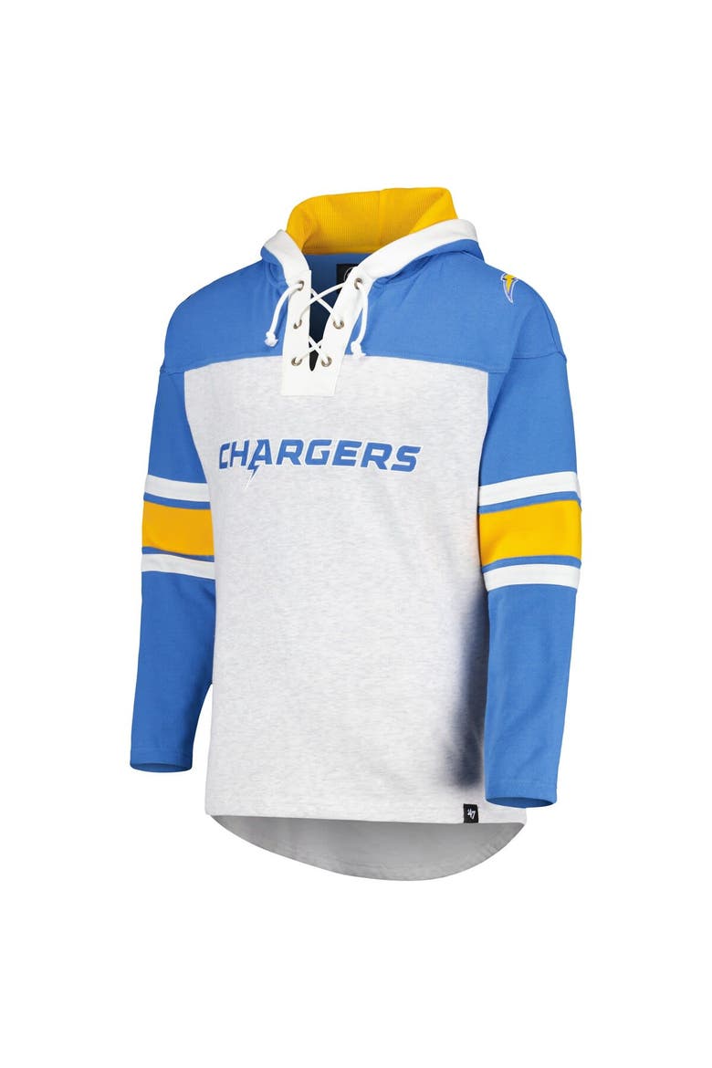 Men's '47 Los Angeles Chargers Heather Gray Gridiron Lace-Up Pullover Hoodie, Alternate, color, Gray