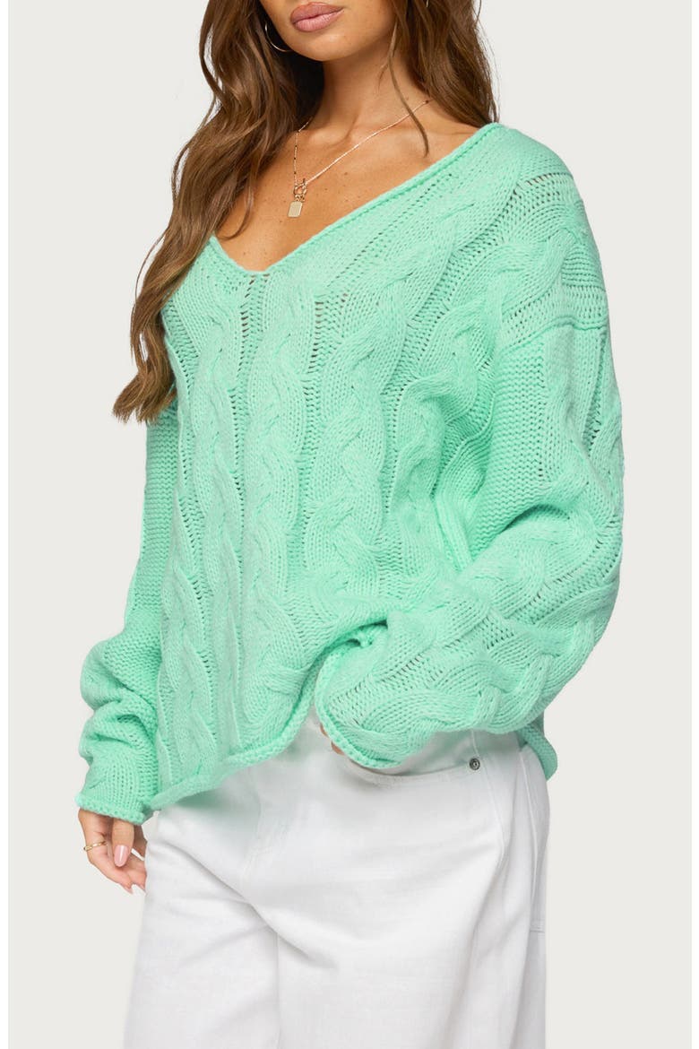 Inga Oversize V-Neck Cable Sweater, Alternate, color, AQUA