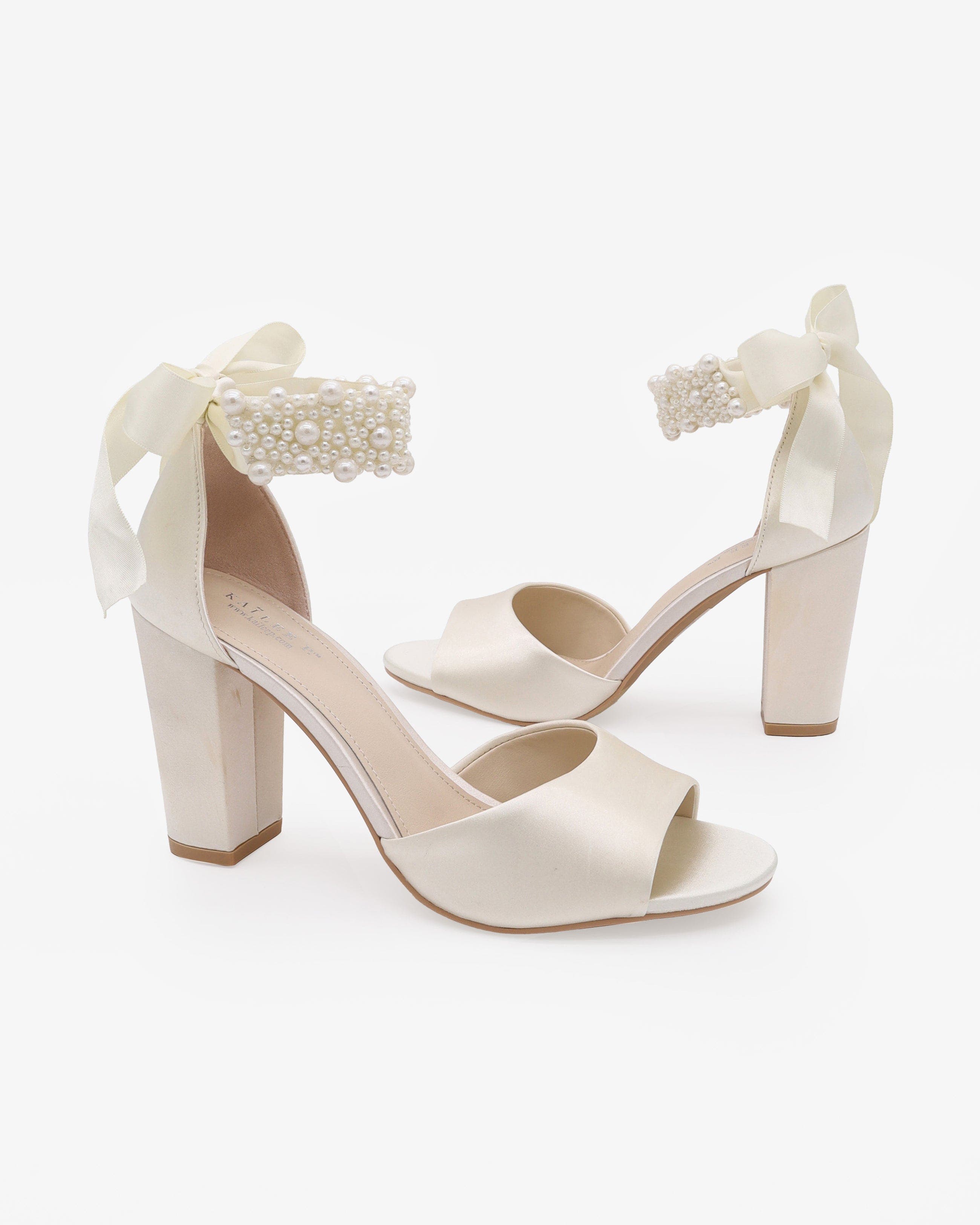 Sasha Satin Block Heel Wedding Sandals with Perla Ankle Strap, Alternate, color, Ivory