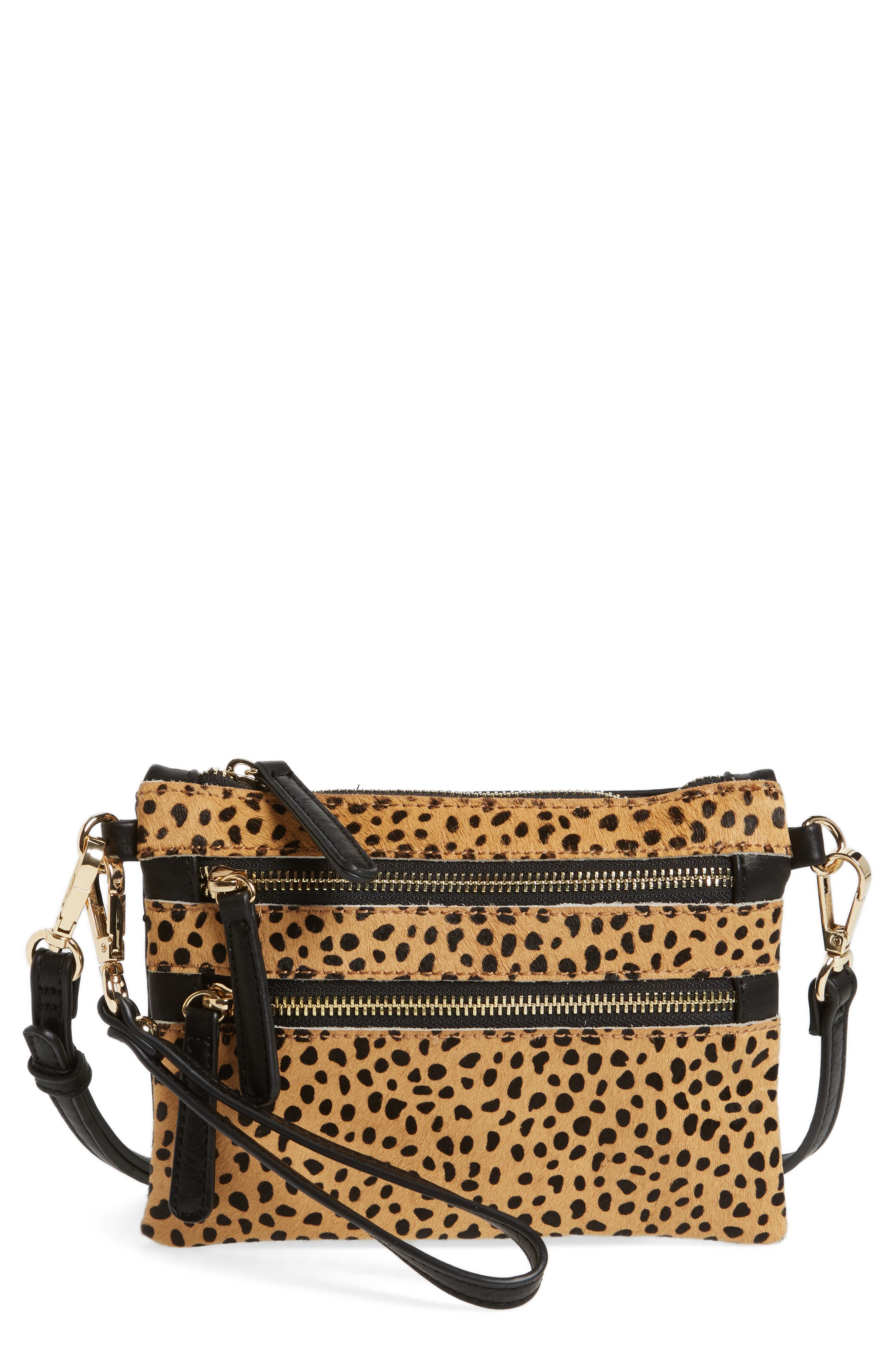 'Camilla' Faux Leather Clutch, Main, color, BROWN HAIR CALF