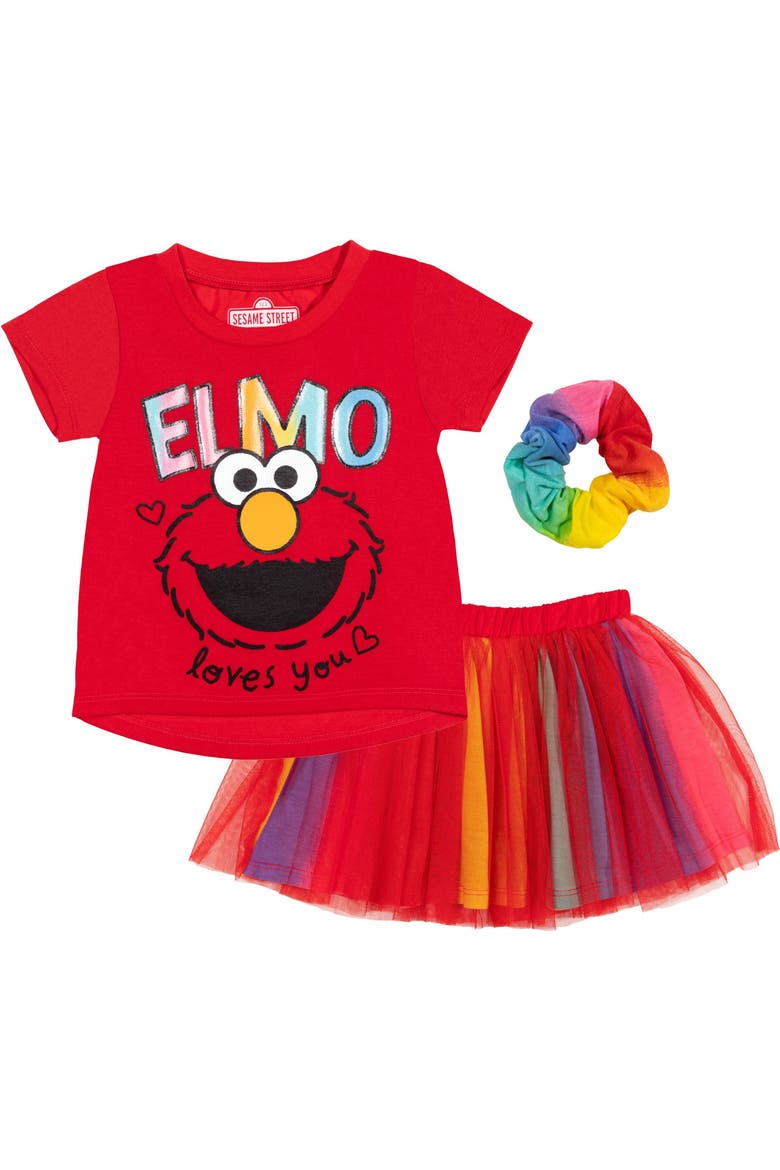 T-Shirt and Tutu Skirt Set, Main, color, Elmo Red Rainbow
