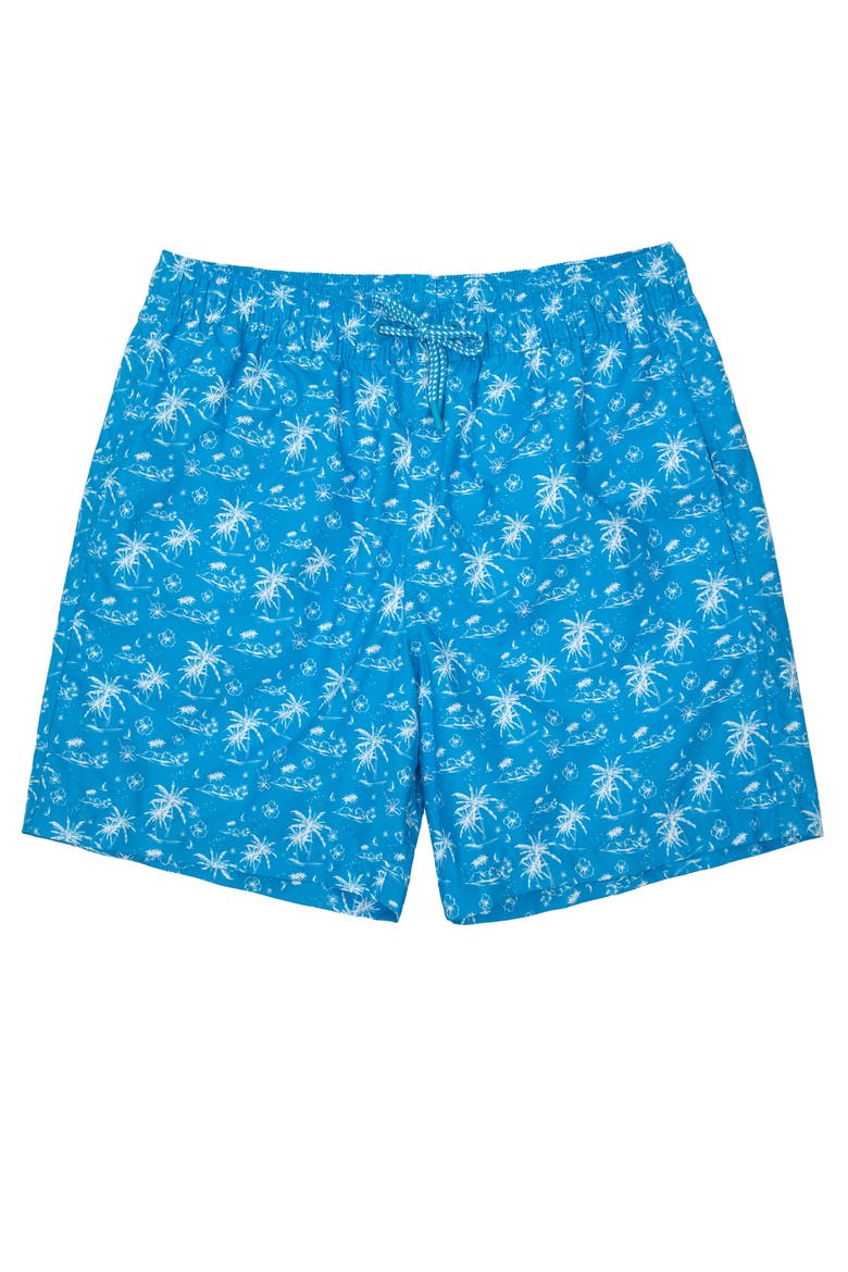Men's 7" Compression Liner Swim Trunks with Back Zipper Pocket, UPF 50+, Alternate, color, Blue Tropical Print