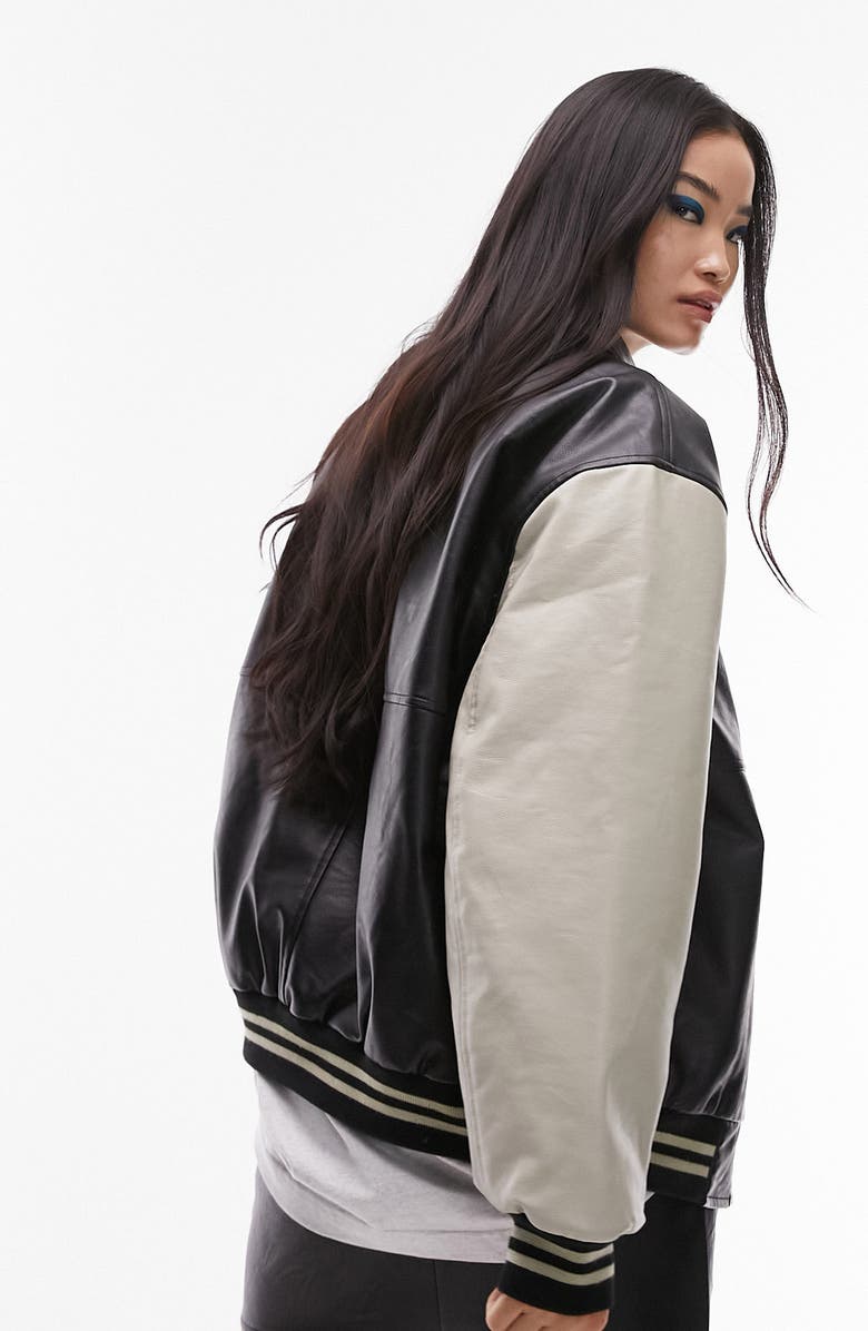 Topshop Varsity Faux Leather Bomber Jacket, Alternate, color, 