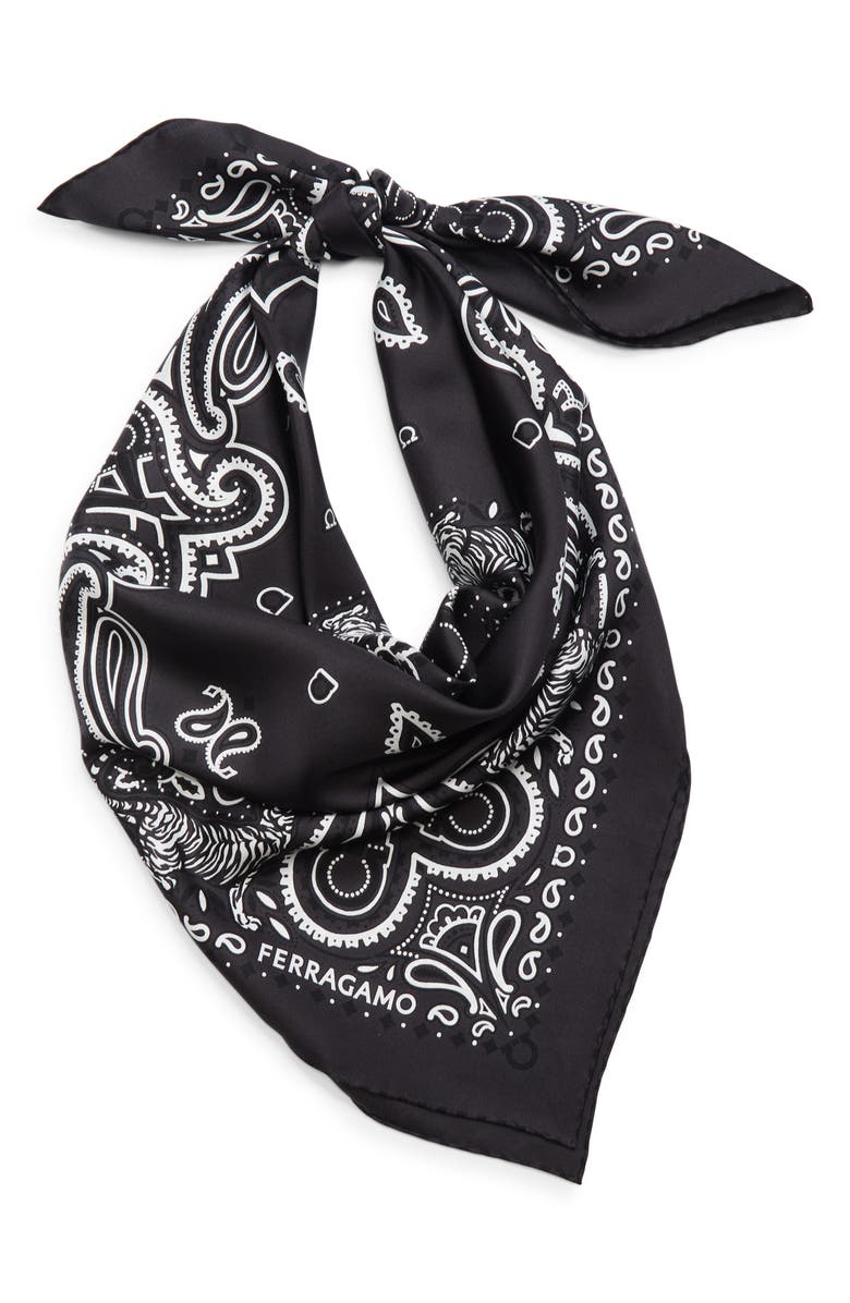 FERRAGAMO Arabesque Print Cotton & Silk Square Scarf, Alternate, color, Dark Grey Black White
