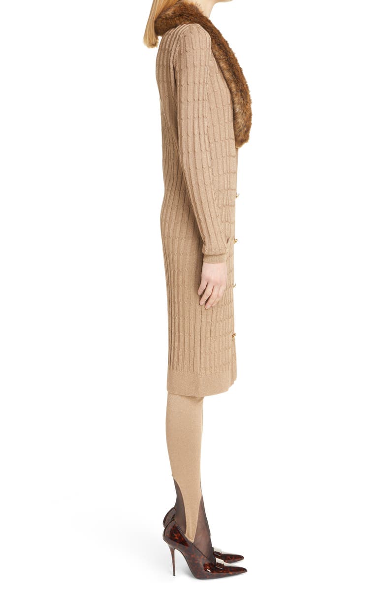 Saint Laurent Cable Knit Cardigan Long Sleeve Sweater Dress with Faux Fur Trim, Alternate, color, 