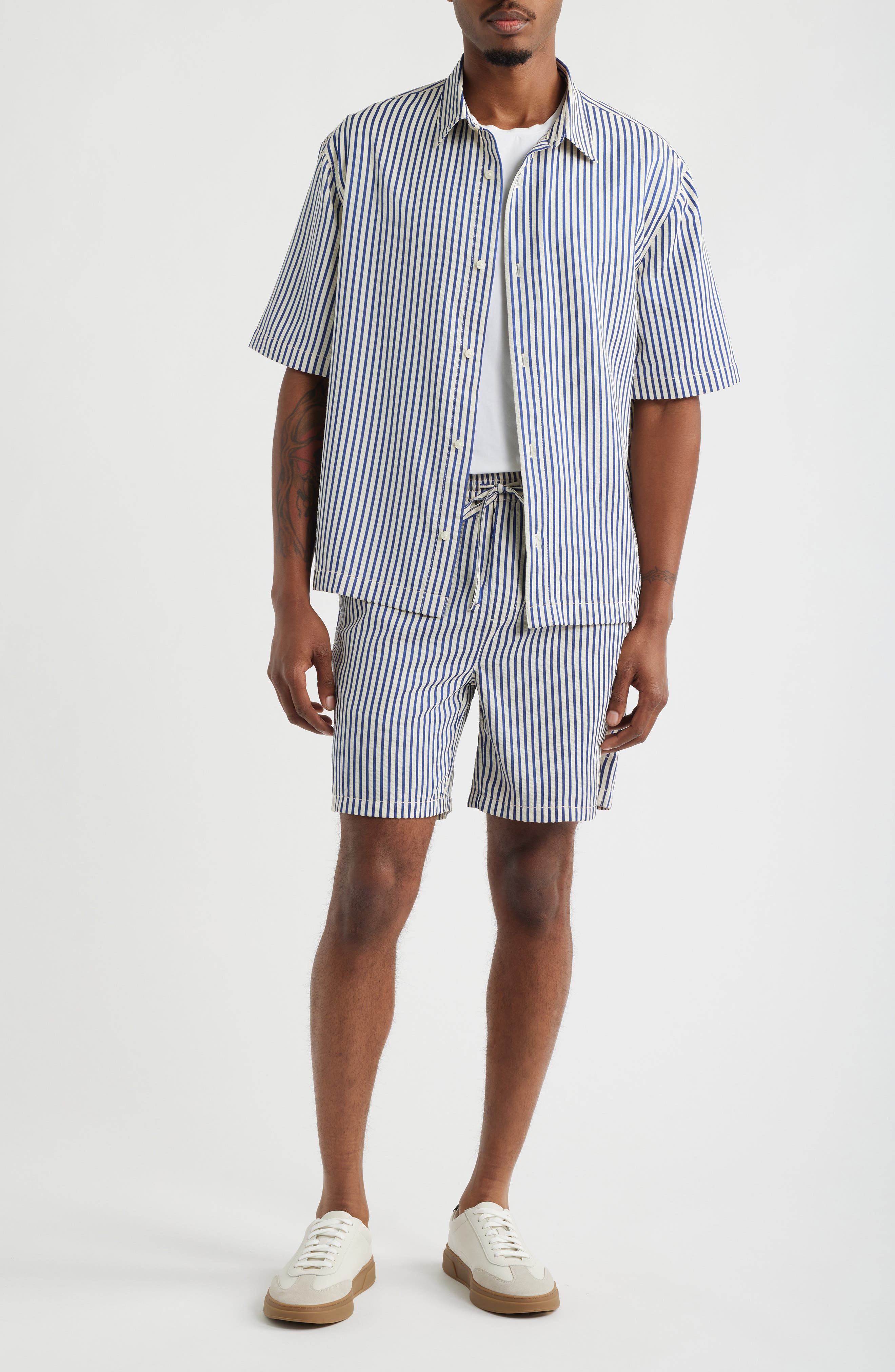 Open Edit Stripe Seersucker Drawstring Shorts (Men) | Nordstrom