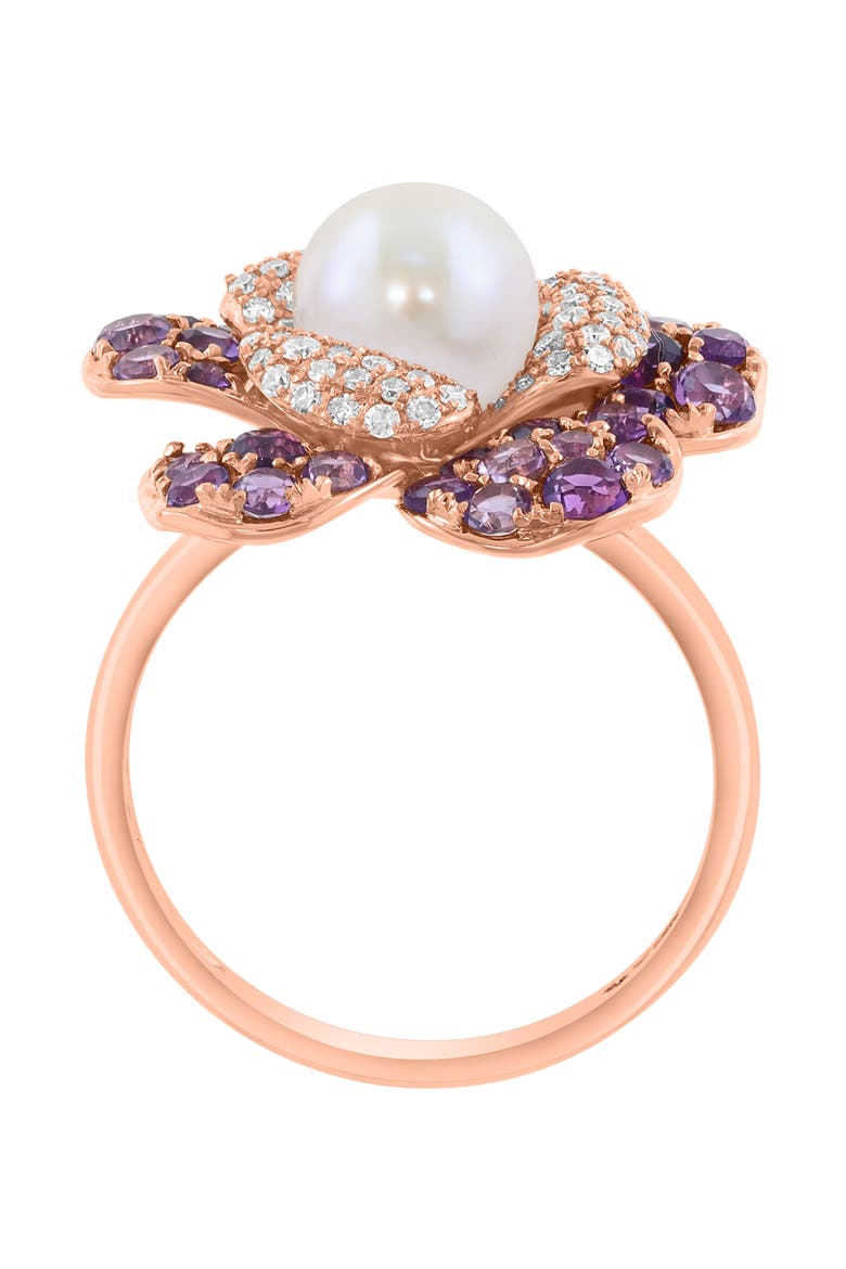 14K Rose Gold Diamond Amethyst & Fresh Water Pearl Flower Statement Ring, Alternate, color, 14K Gold