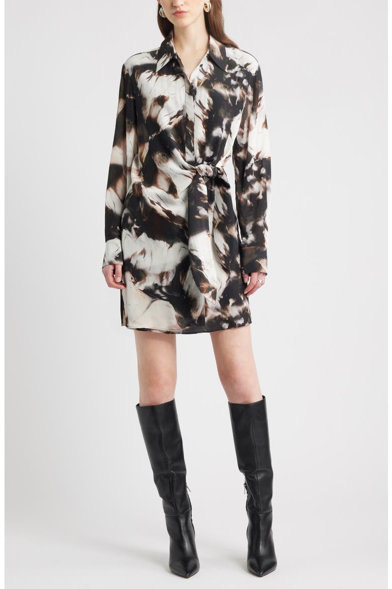Tie Waist Long Sleeve Shirtdress, Main, color, BLACK- IVORY CELESTE ABSTRACT