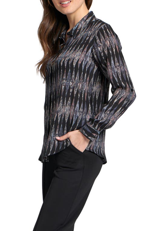 Apny Abstract Print Roll Tab Sleeve Chiffon Button-up Shirt In Black