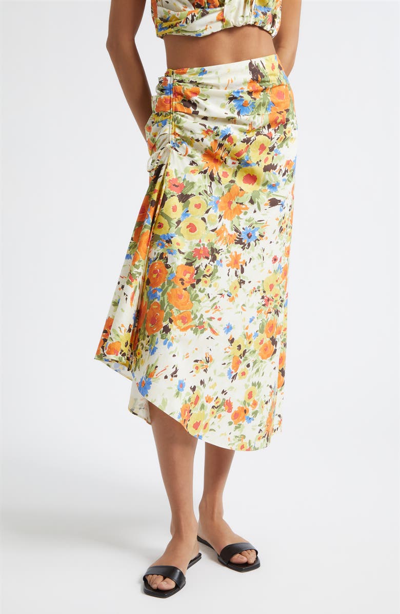 A.L.C. Naomi Floral Print Ruched Skirt, Main, color, Butter/ Poppy Multi