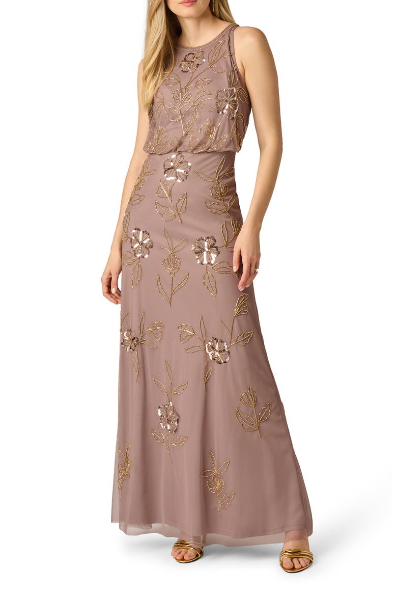 Beaded Floral Sleeveless Blouson Bodice Gown, Main, color, STONE